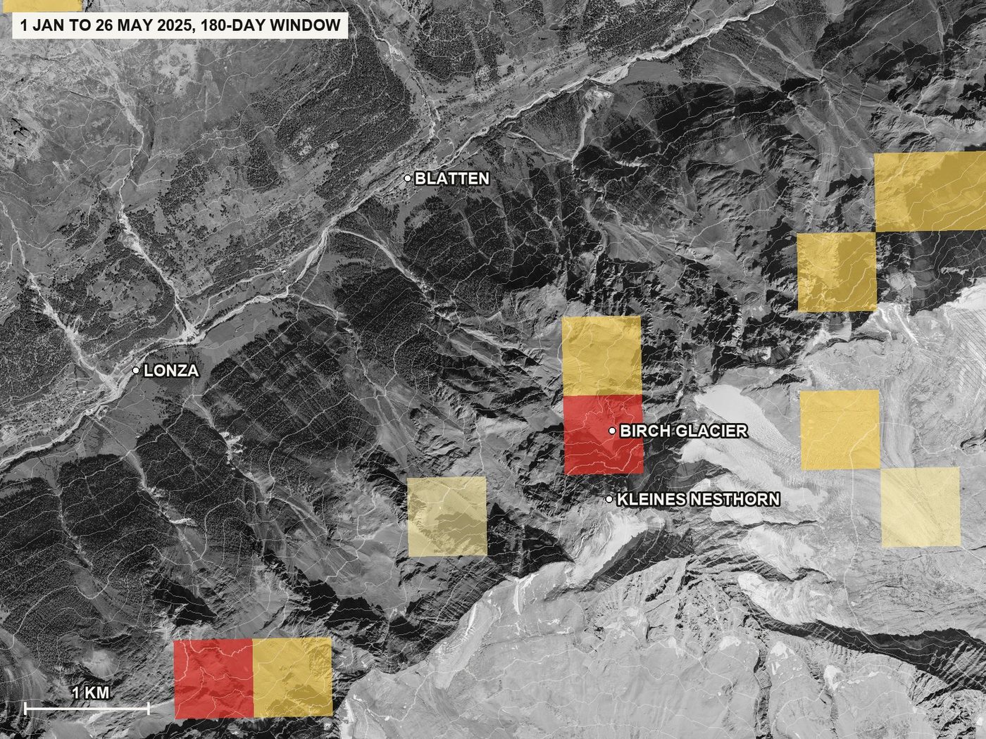 The final quarter in full: 1 January to 26 May 2025. The red unit sits on the Birch Glacier and the rock slope below the Kleines Nesthorn, the slope that failed four days after the last image. A second red unit at the lower left is a different slope; the look-back makes no statement about it beyond what the colour means: a rate of movement well above its own 2023 rate during that window.