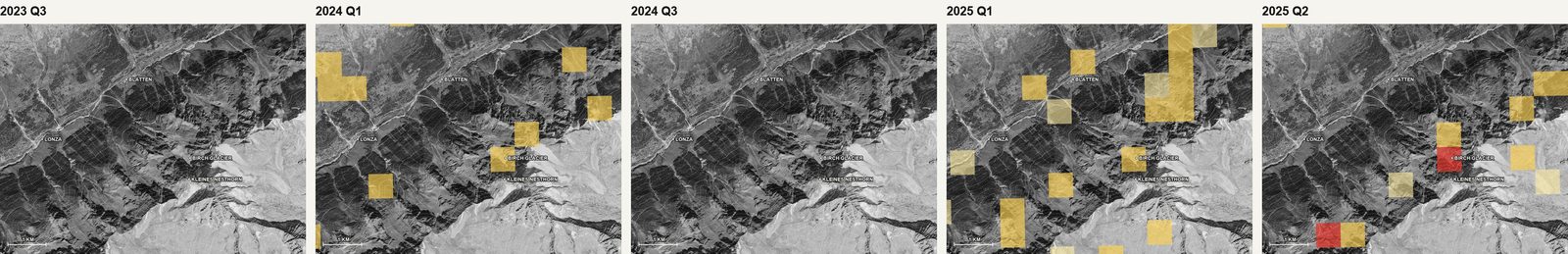 Five quarters of the look-back, each with the 180-day window ending at the quarter's end: autumn 2023, winter 2024, autumn 2024, winter 2025 and the quarter of the collapse. Summer quarters are almost blank; winters show pale yellow where snow affects the short-wavelength signal; in the final quarter one unit at the Birch Glacier below the Kleines Nesthorn turns red, with yellow units around it.