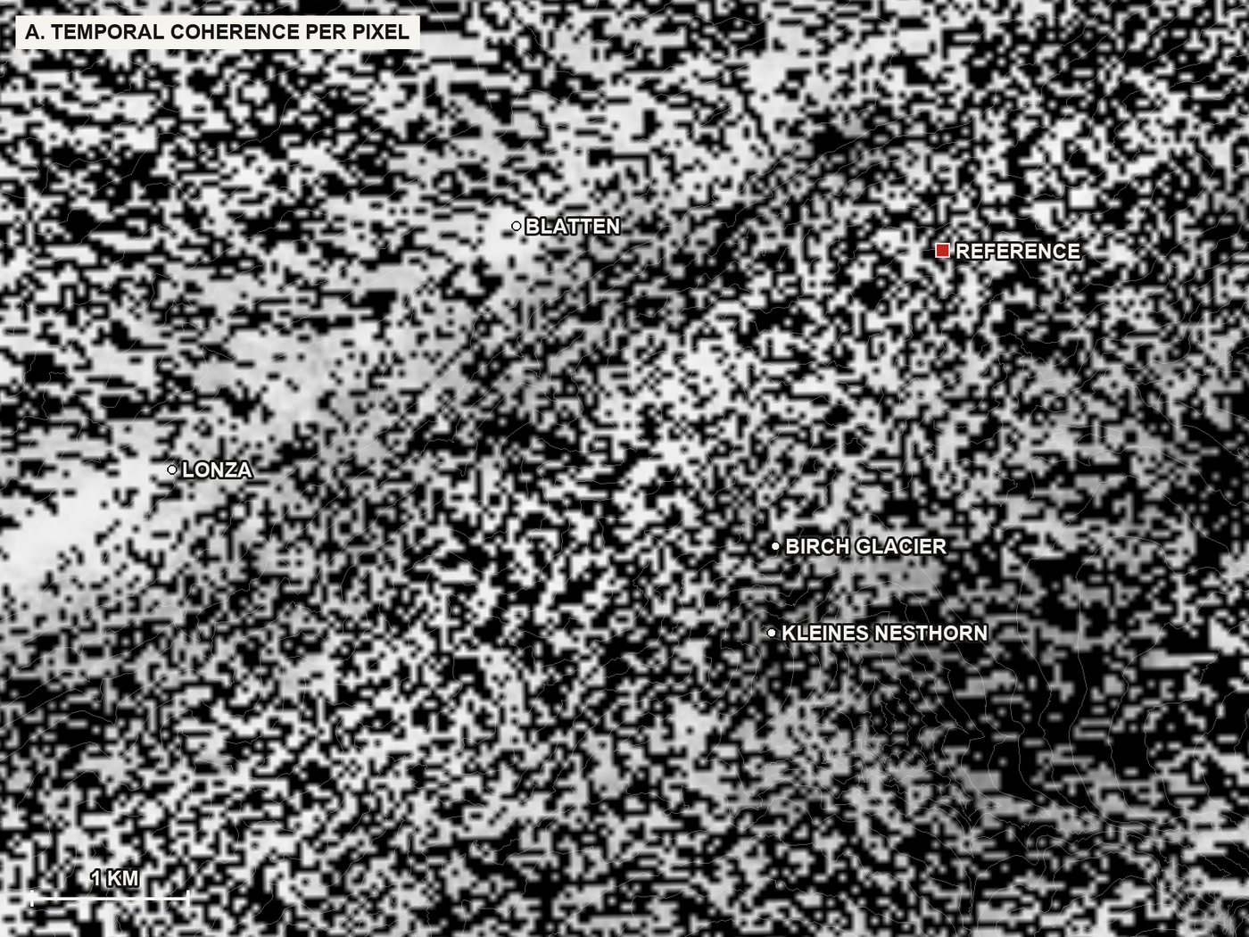 A. Temporal coherence, per 40 m pixel: how consistently the chain of image pairs agrees at that pixel, from 0 (black) to 1 (white). Pixels at or above 0.5 are used. It looks like static because consistency is decided pixel by pixel: the valley and the lower slopes pass, the glacier, the forest and the steep faces mostly fail. The red square is the reference point, a stable pixel against which all movement is measured.