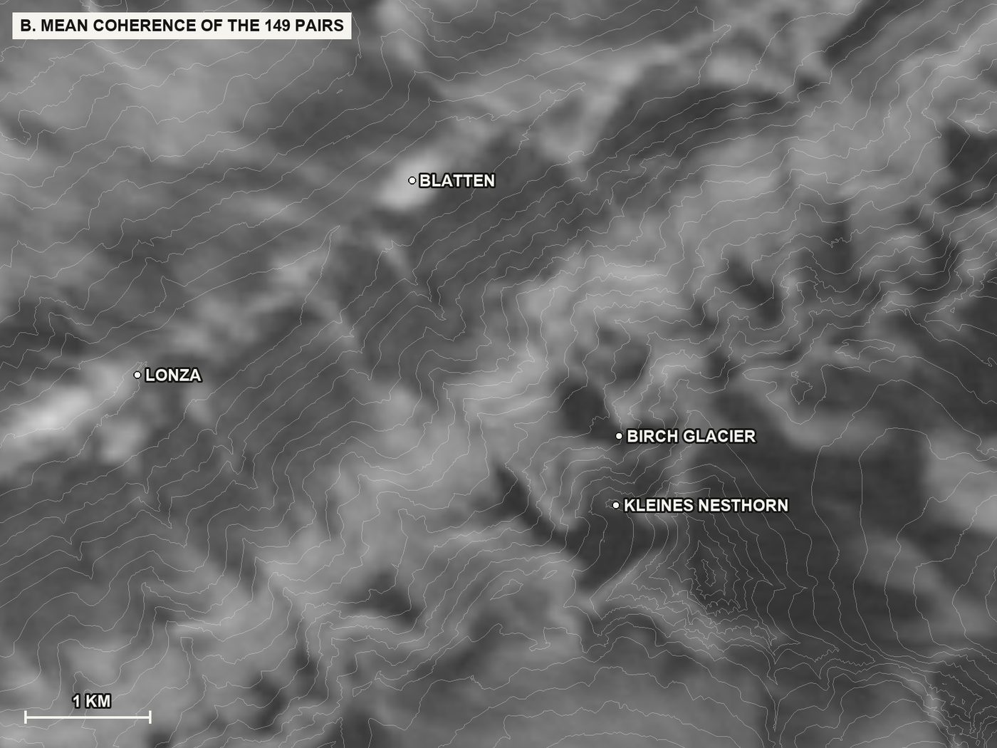 B. Average coherence over all 149 image pairs: how similar the ground looked to the radar between two passes, on average over the whole period. Bright where the radar works year-round (valley floor, bare rock, buildings), dark on ice, forest and the faces in shadow. This map says where a signal can exist; map A says where it survived the whole chain.