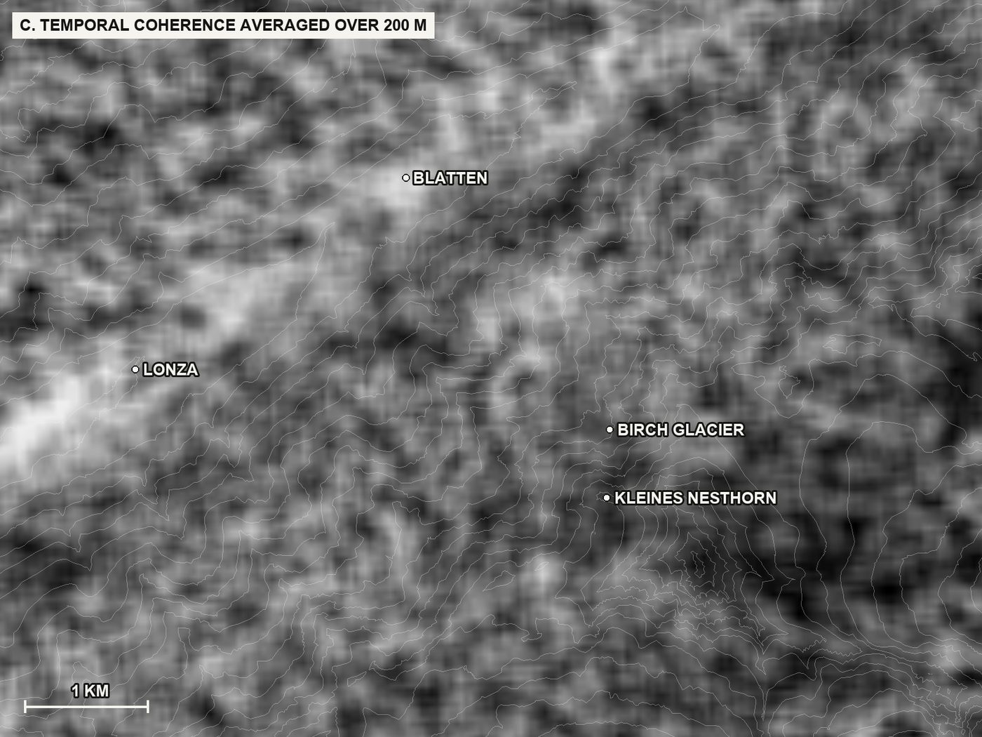 C. The temporal coherence of map A averaged over 200 m. This is the pattern at the scale of the 640 m units used for the classification: a unit needs enough consistent pixels, which is why the glacier and the highest faces appear hatched on the class maps.