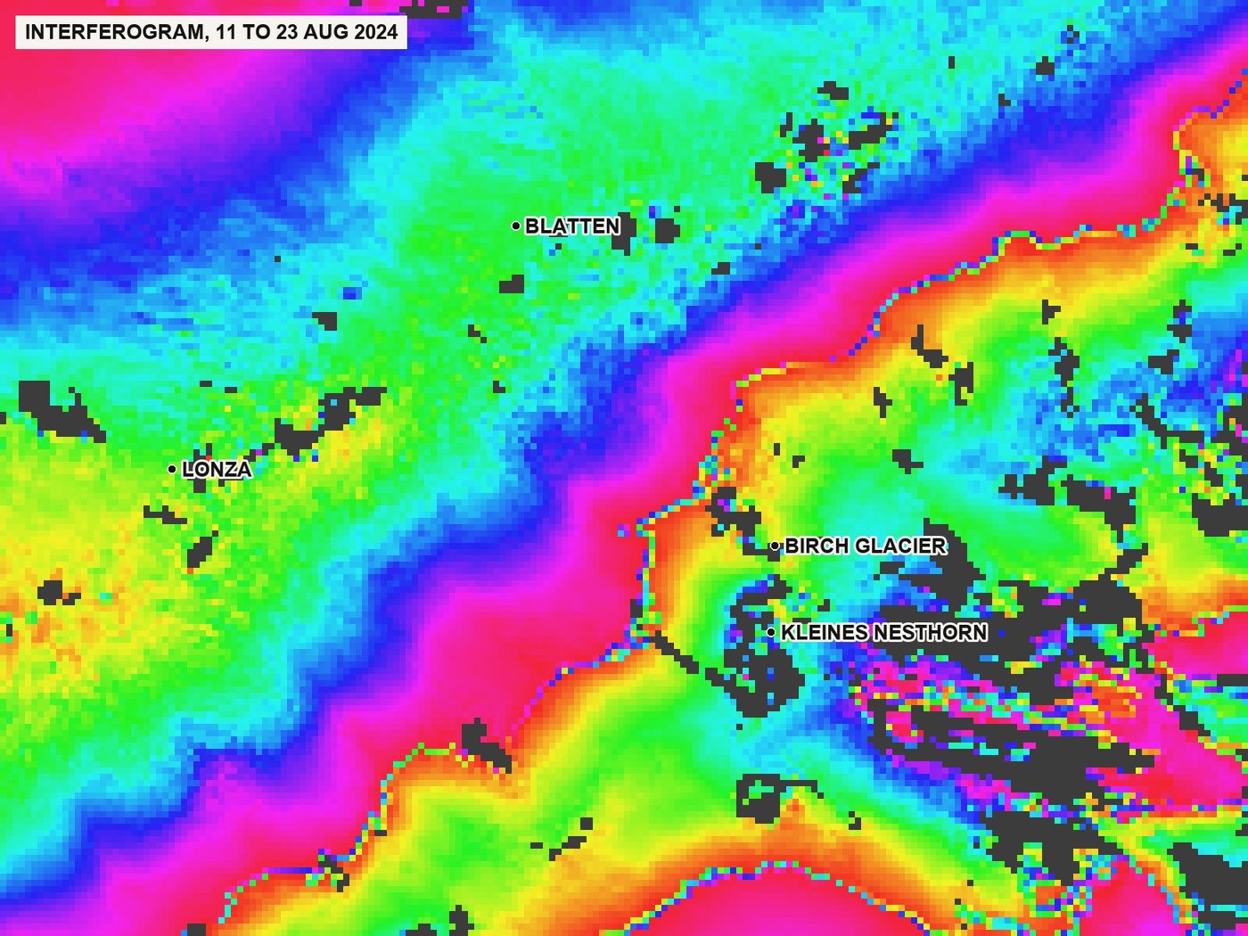 Interferogram of the images of 11 and 23 August 2024 on track 139. Each full colour cycle is 2.8 cm of movement towards or away from the satellite, mixed with atmospheric and terrain effects. Grey: the signal between the two images is lost, typically on snow, ice, forest and very steep faces.