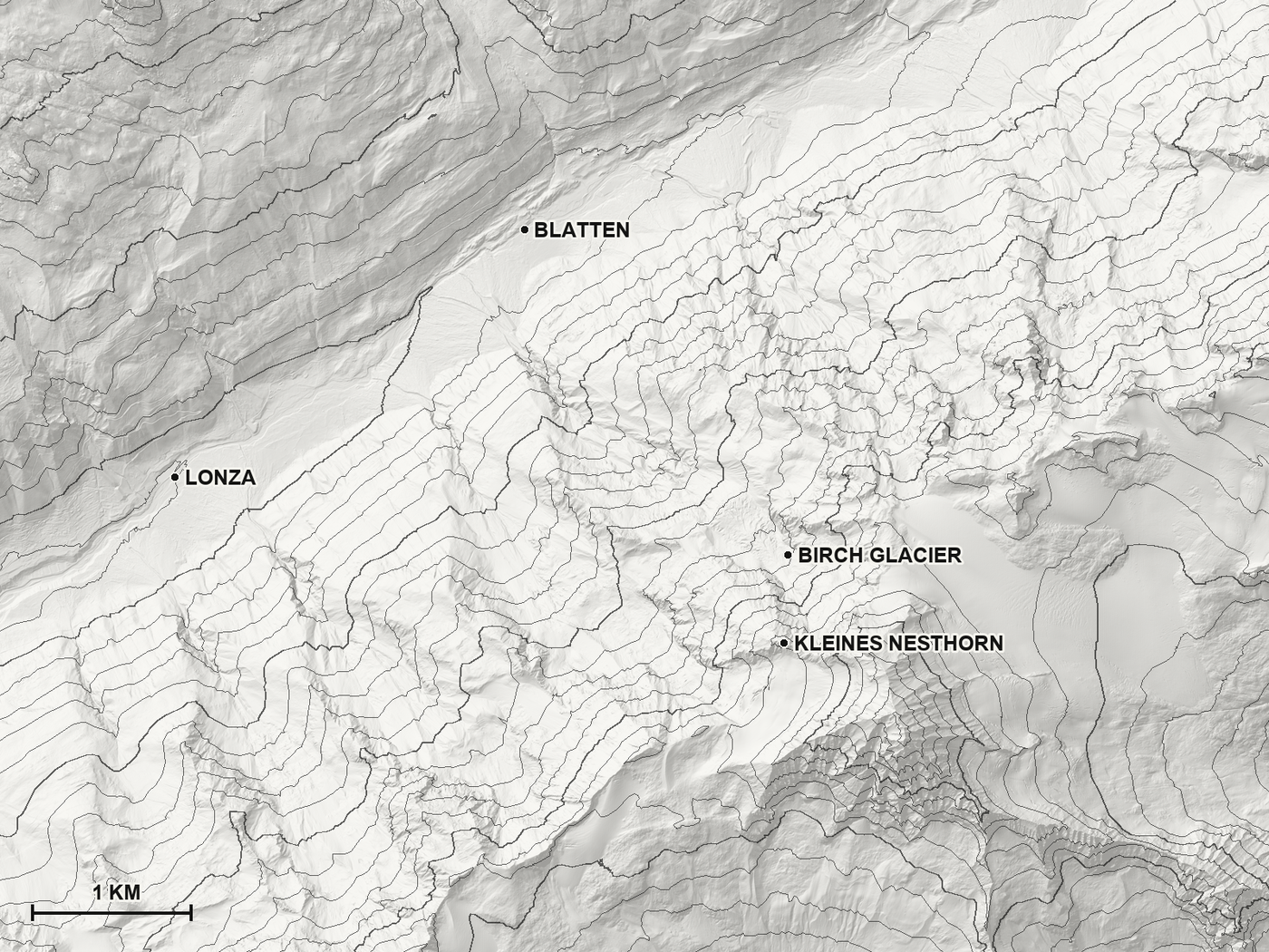 The same area as a contour map: a shaded relief with the 100 m contour lines. This is the version used for the quietest map style in the demo.